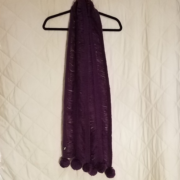Dark Eggplant Purple Knit Scarf with Poms - Picture 5 of 6